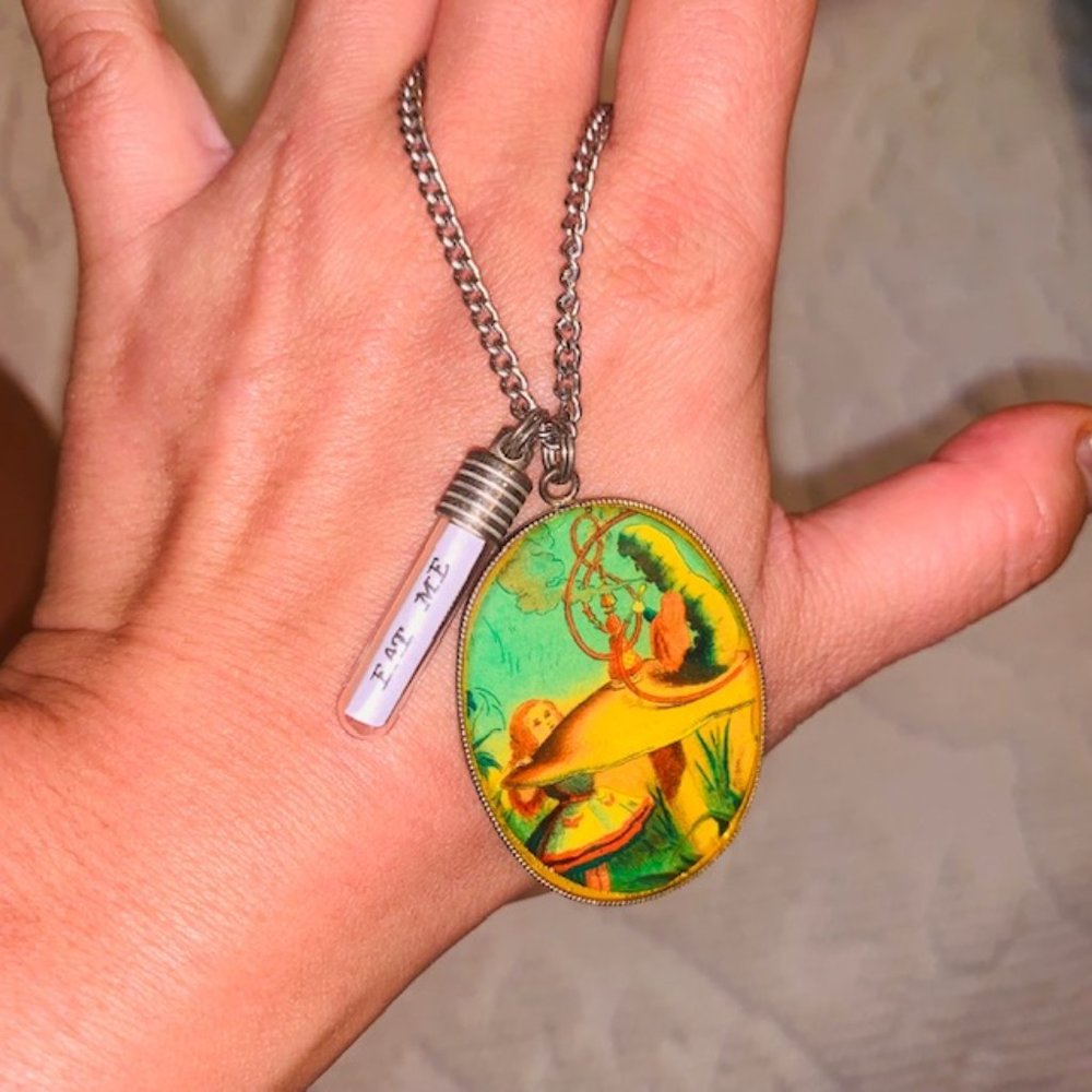 Alice in Wonderland drink me vial pendant charm caterpillar Necklace